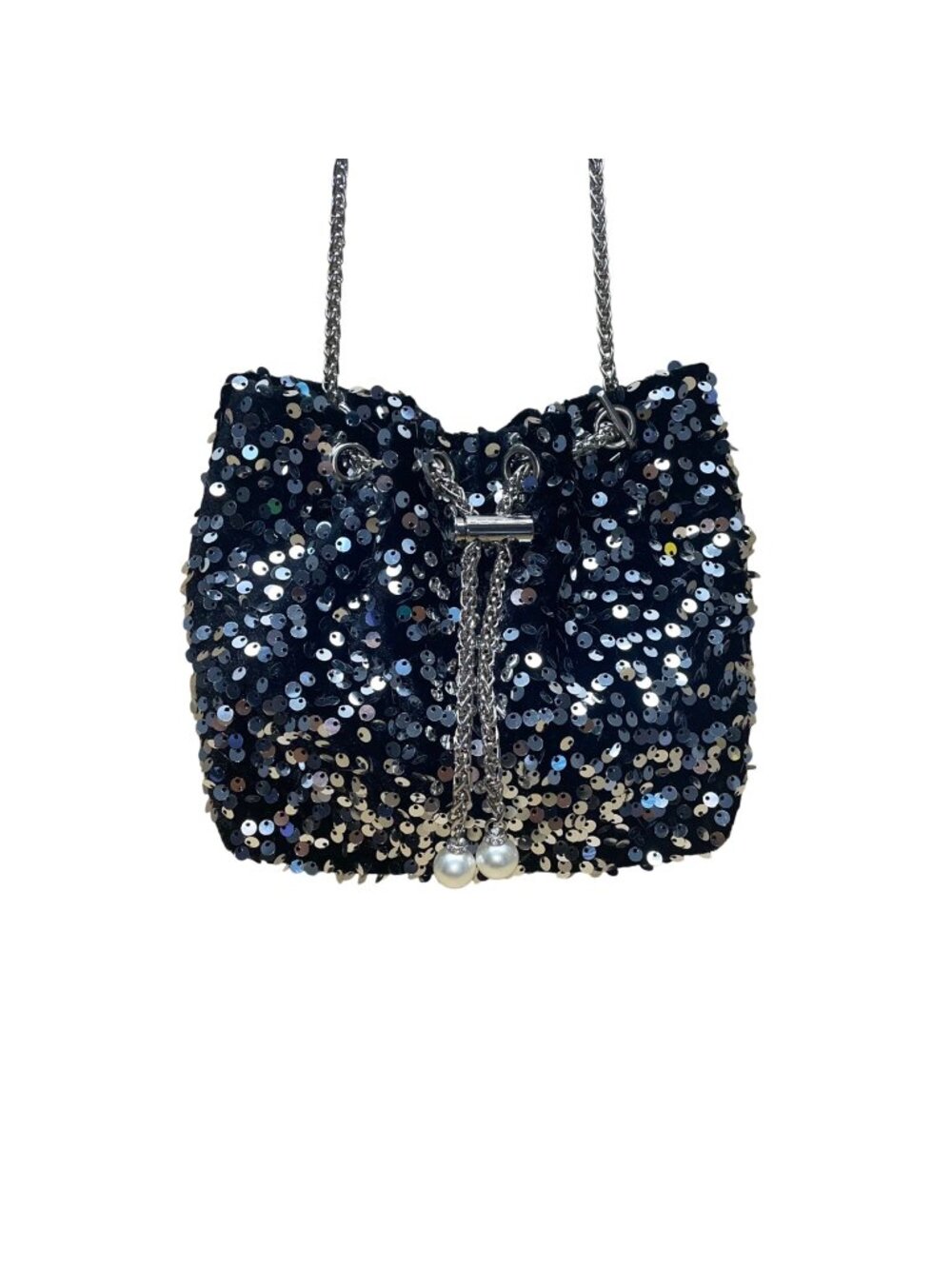 Women’s Black & Silver Sequined With Drawstring Chain Strap Purse
